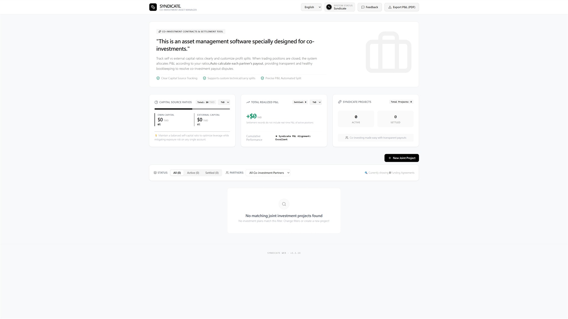 Syndicate dashboard overview with capital source ratios and project summaries