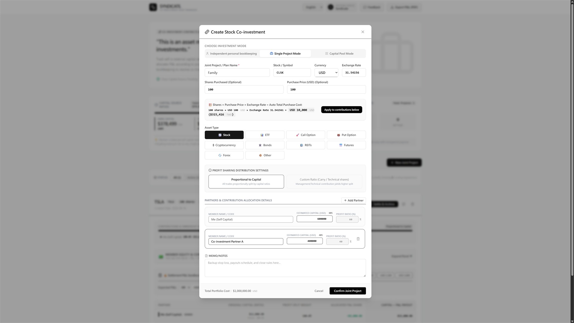 Create stock co-investment form with partner capital allocation