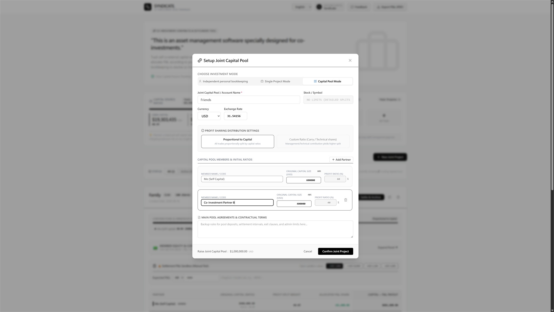 Setup joint capital pool form with member contribution ratios