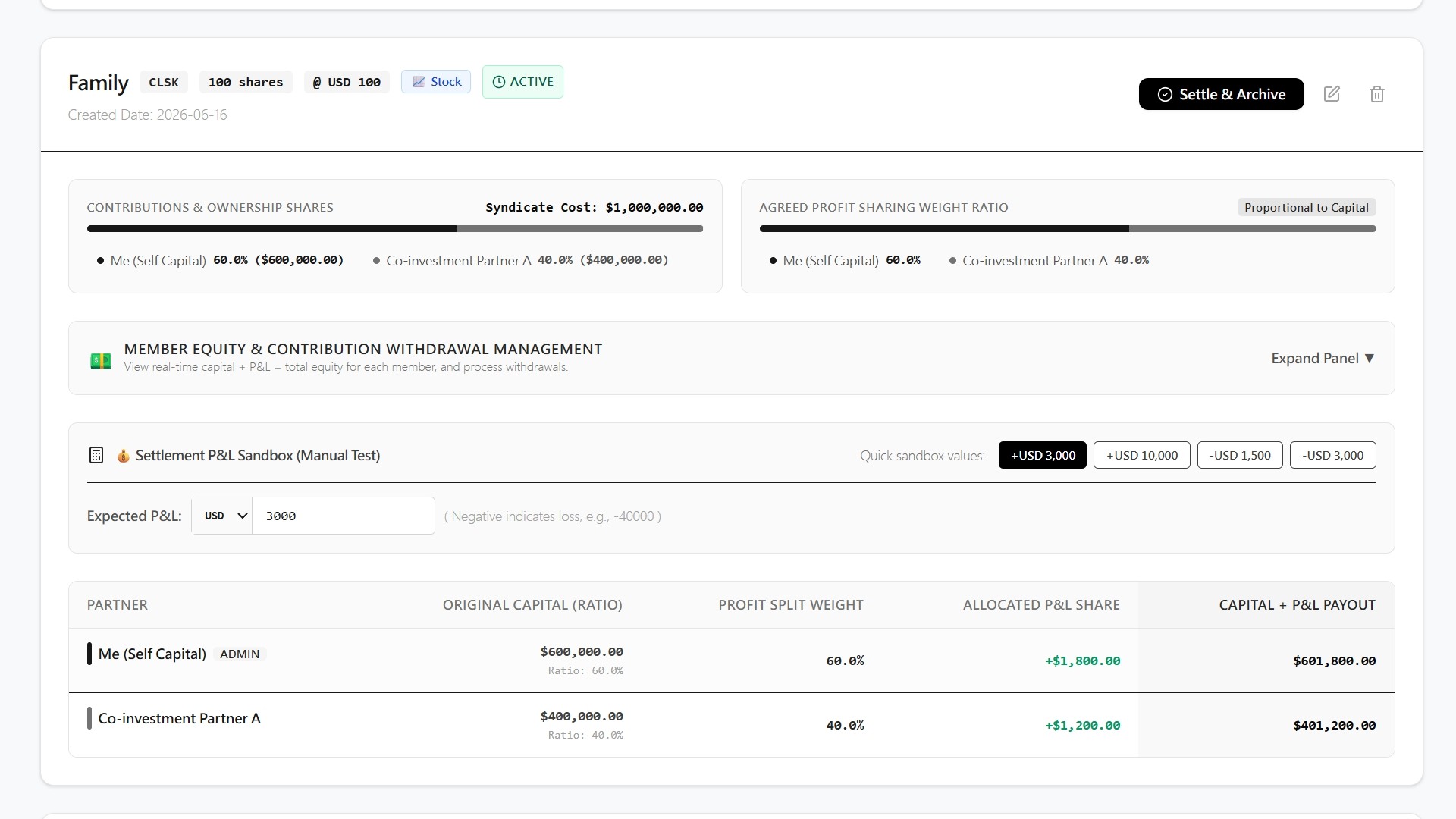 Family stock co-investment detail with profit sharing and settlement sandbox