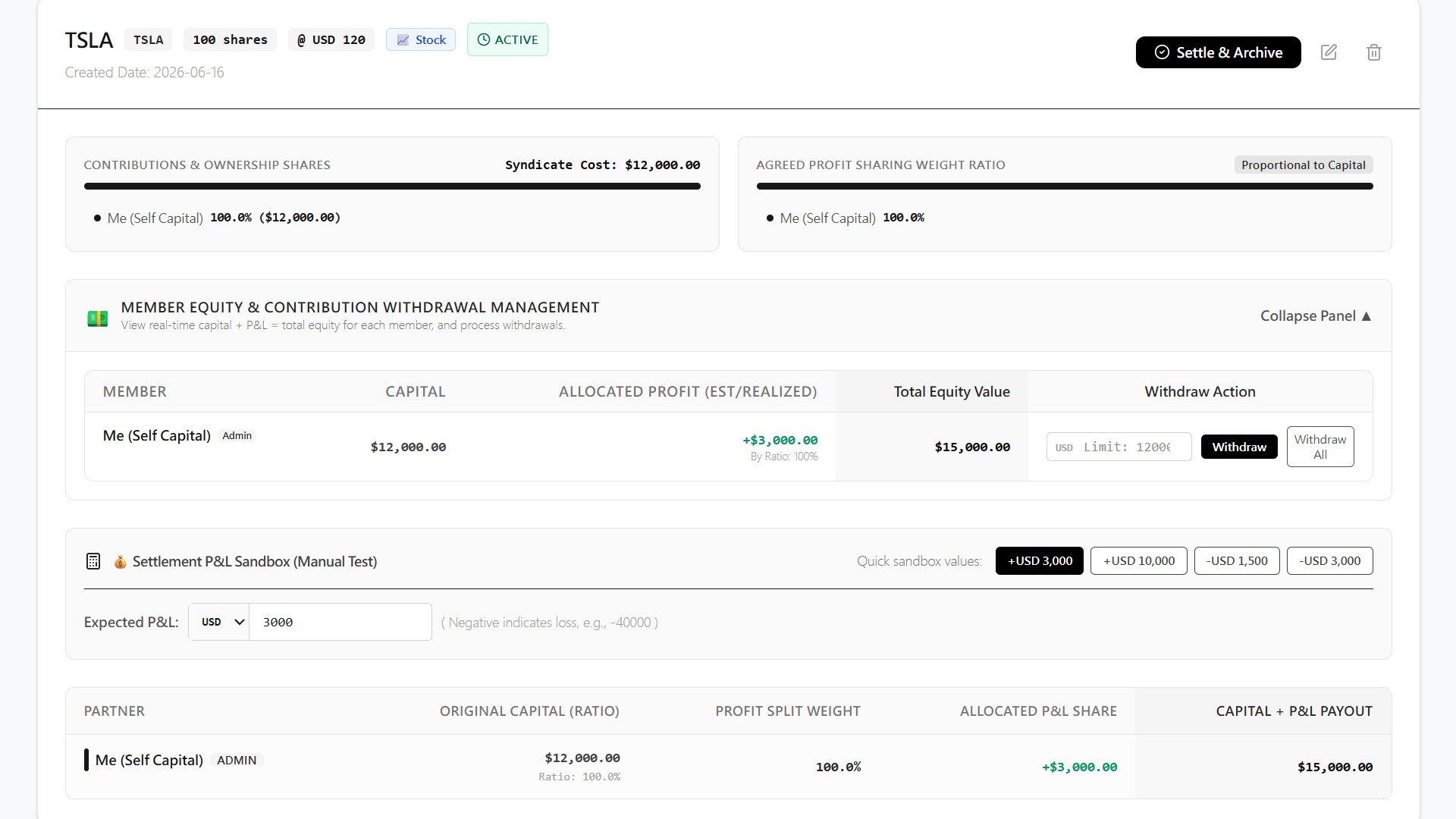 TSLA personal position detail with withdrawal management and payout preview