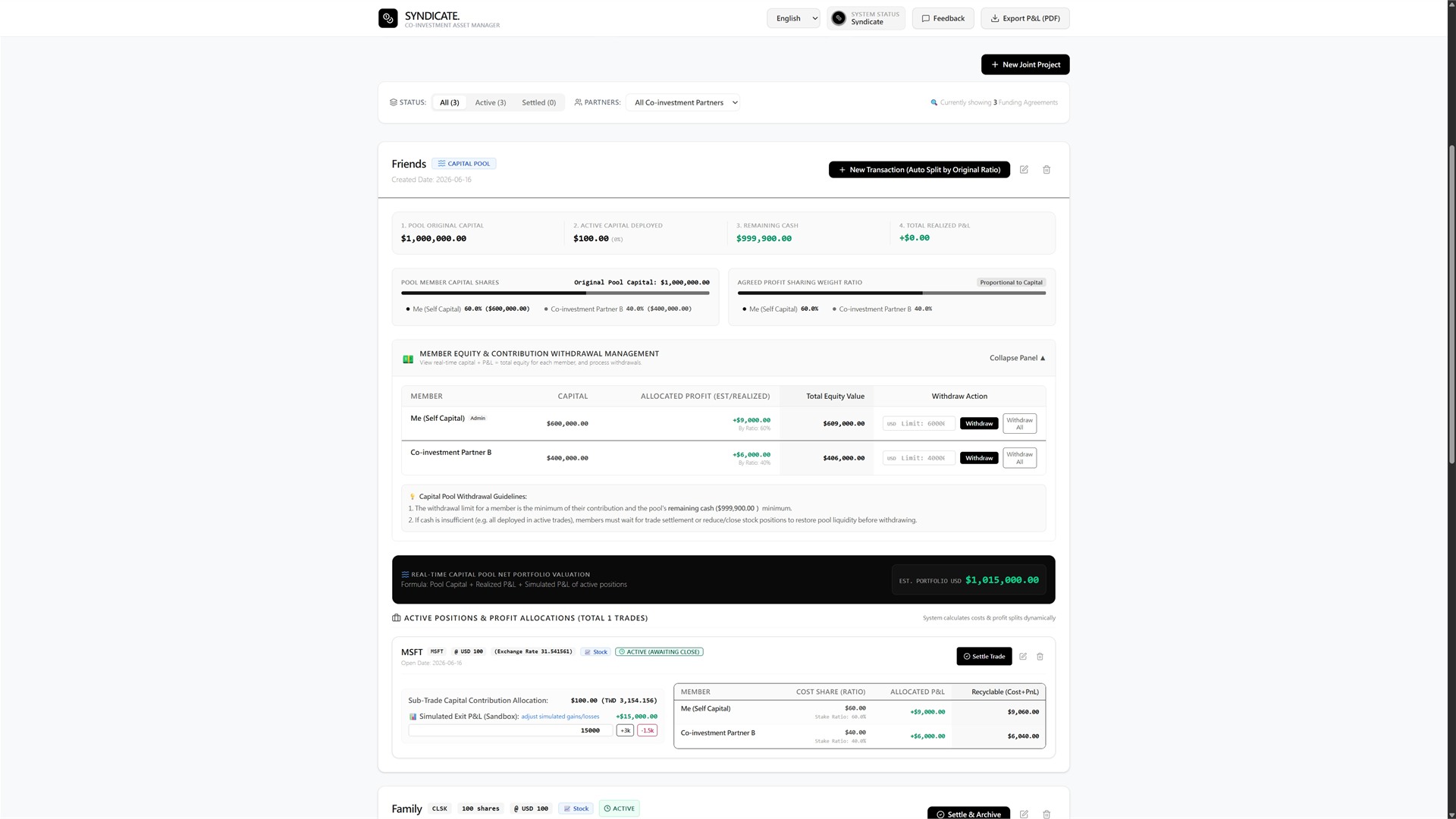 Capital pool dashboard with member equity and active position allocation