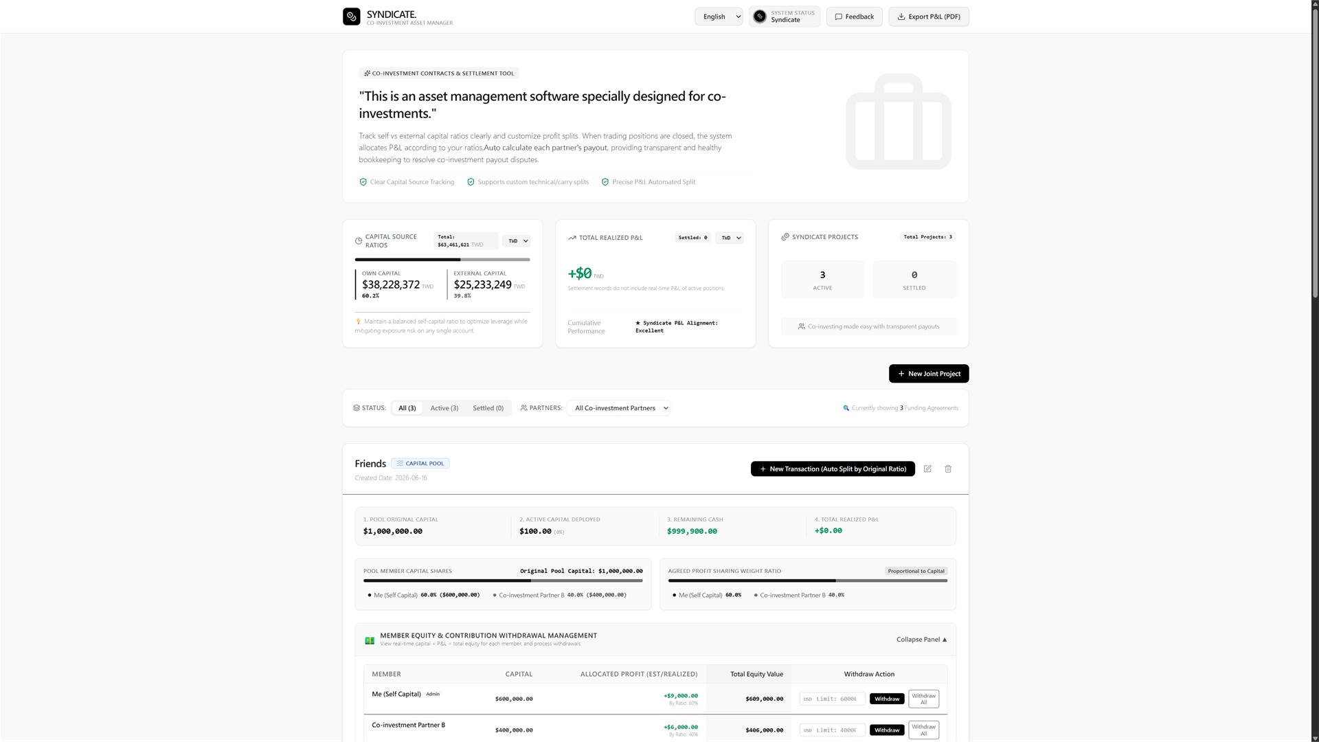 Syndicate overview with active projects and friends capital pool summary